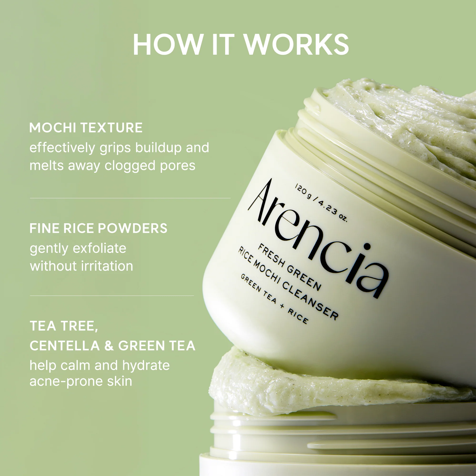 Arencia Fresh Green Rice Mochi Cleanser, Gentle Daily Cleanser for Acne-Prone Skin, 1.76oz / 4.23oz - Image 4