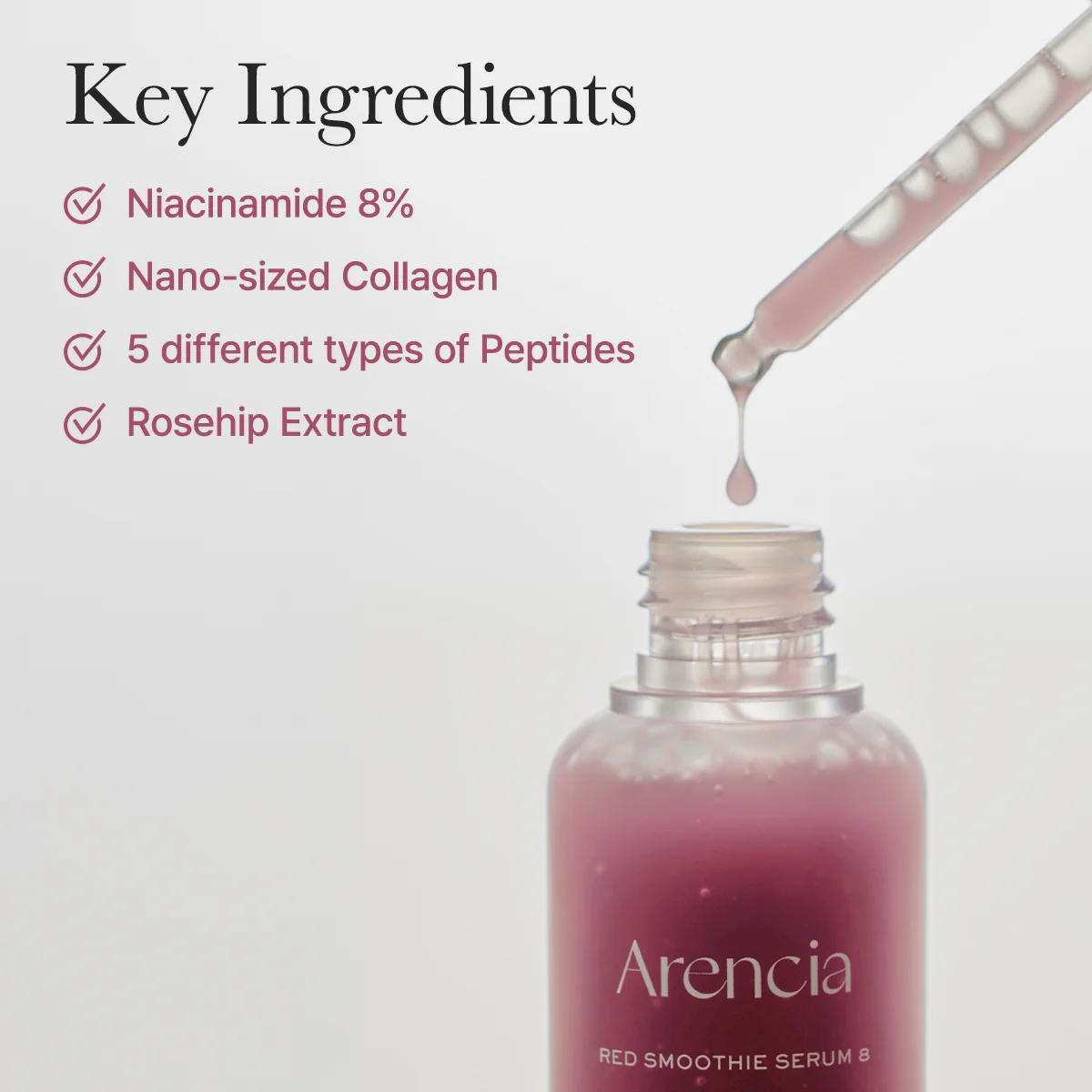 Arencia Red Collagen + Peptide Smoothie Serum, 8% Niacinamide, Vitamin C, Vitamin E, lifting anti-aging serum for skin texture for glass skin - Image 4