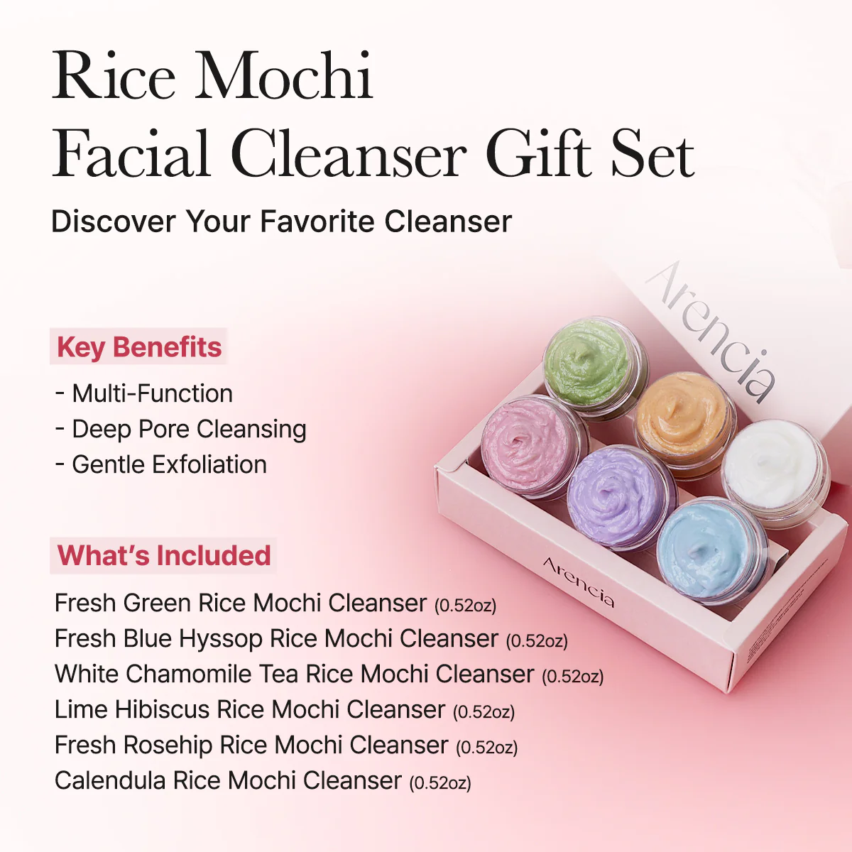 ARENCIA Rice Mochi Facial Cleanser Gift Set, 6 Varieties, 0.52 oz each - travel size, Korean skin care, holiday gift set - Image 3
