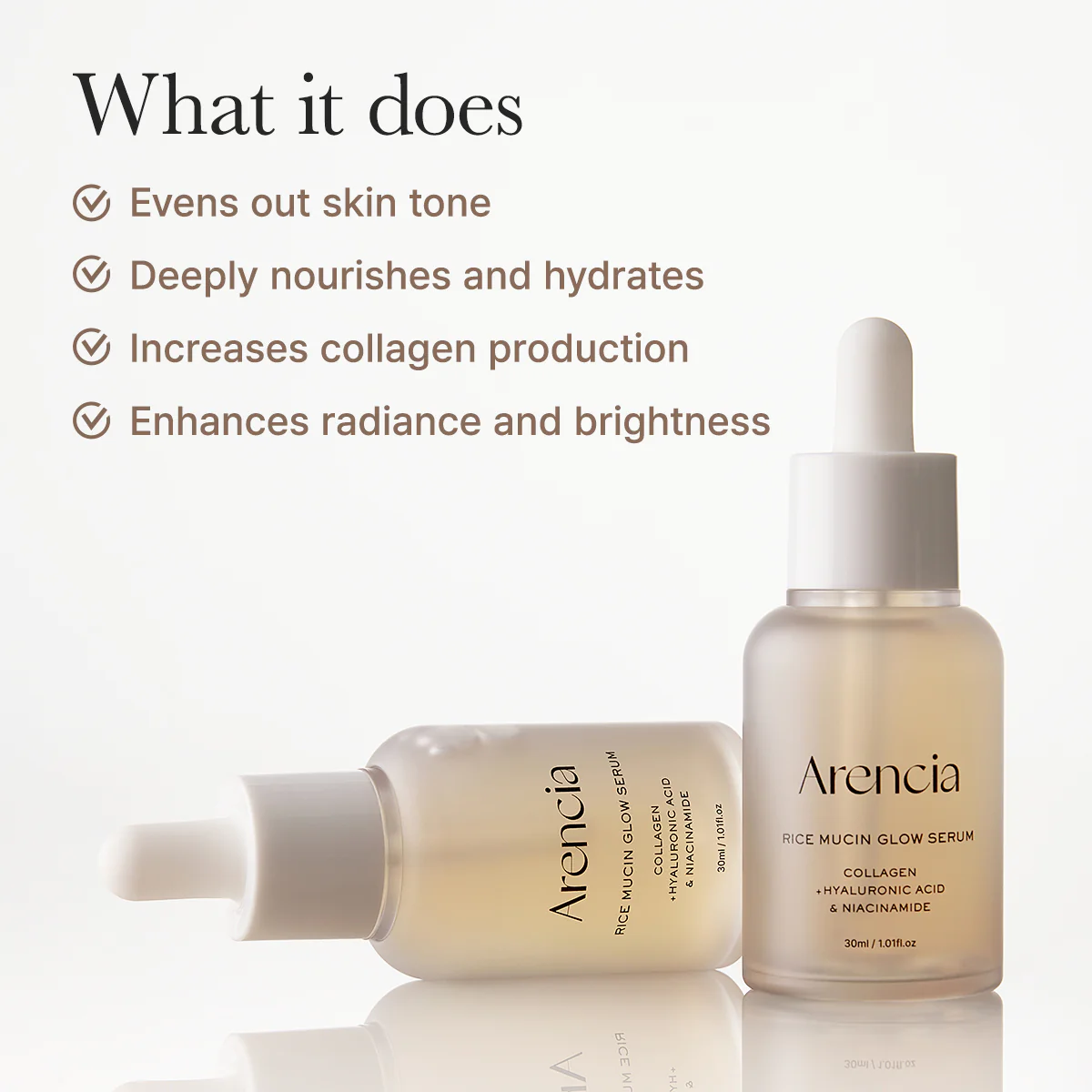 Arencia Rice Mucin Glow Serum, Collagen + Hyaluronic Acid & Niacinamide, 1.01 fl oz - Image 3